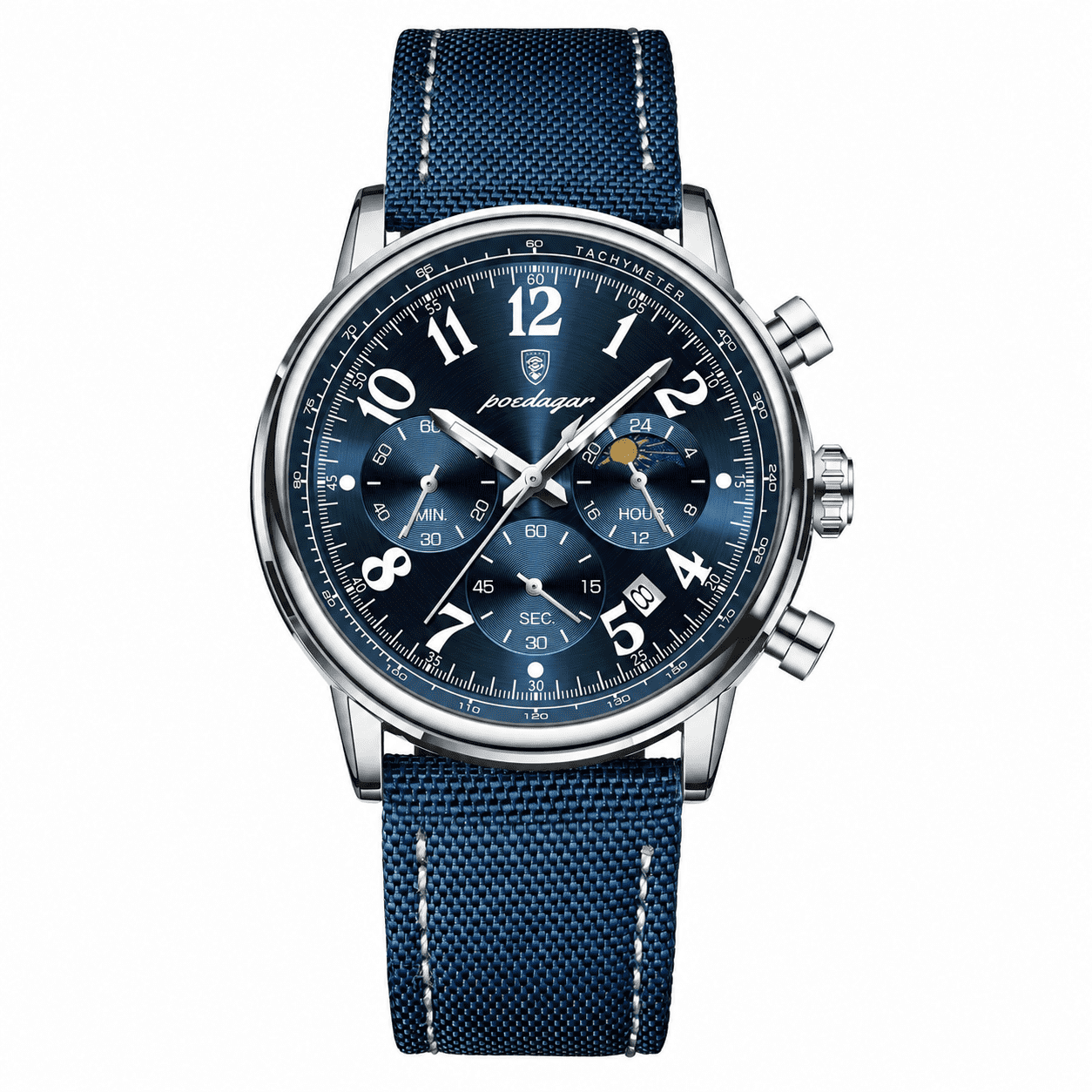 POEDAGAR 808 silver case blue dial chronograph with blue nylon strap