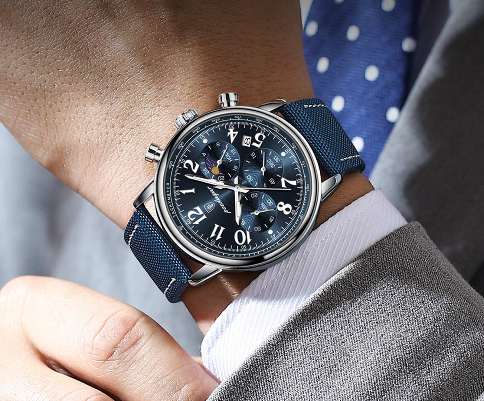 POEDAGAR 808 silver case blue dial chronograph on wrist