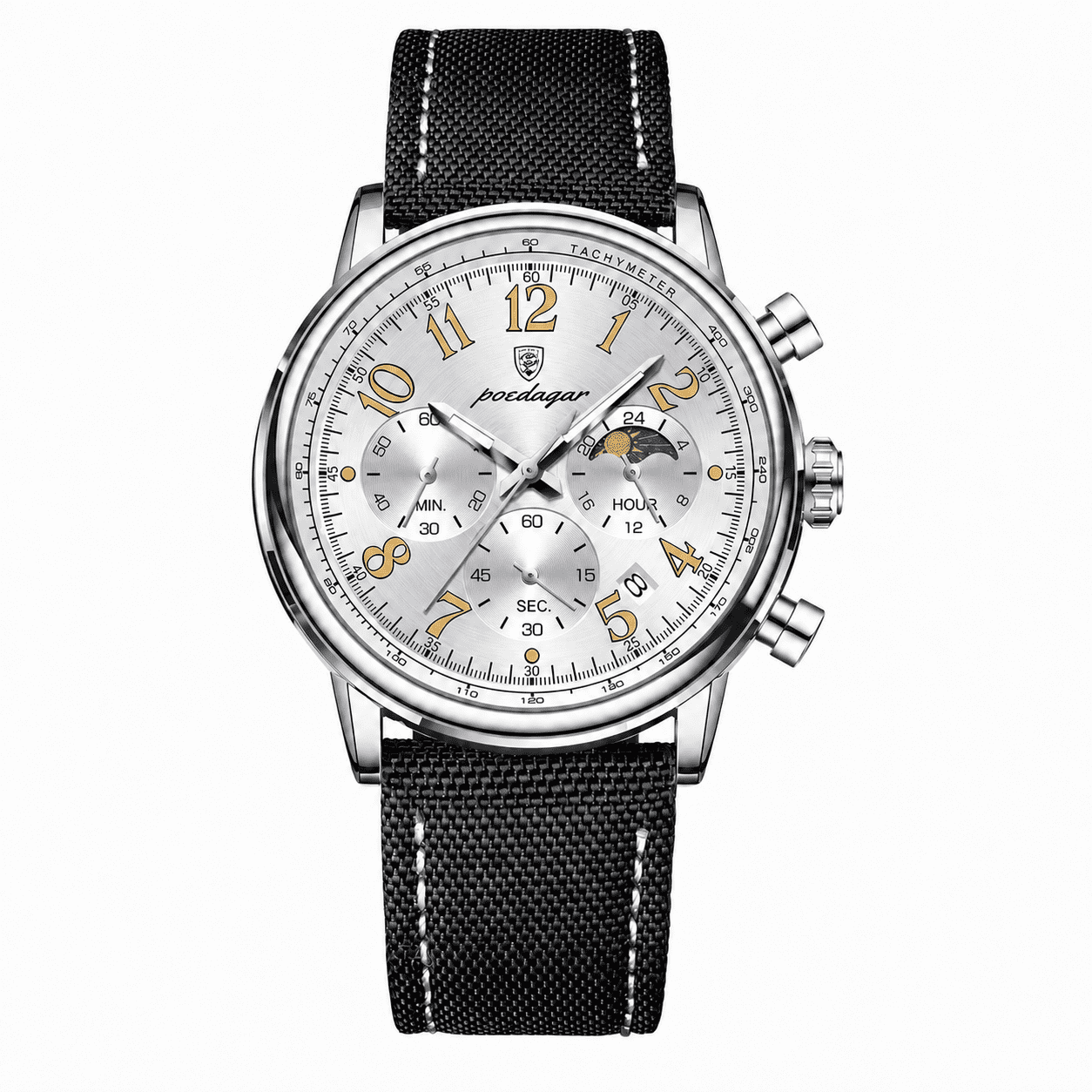 POEDAGAR 808 silver case white dial chronograph with black nylon strap
