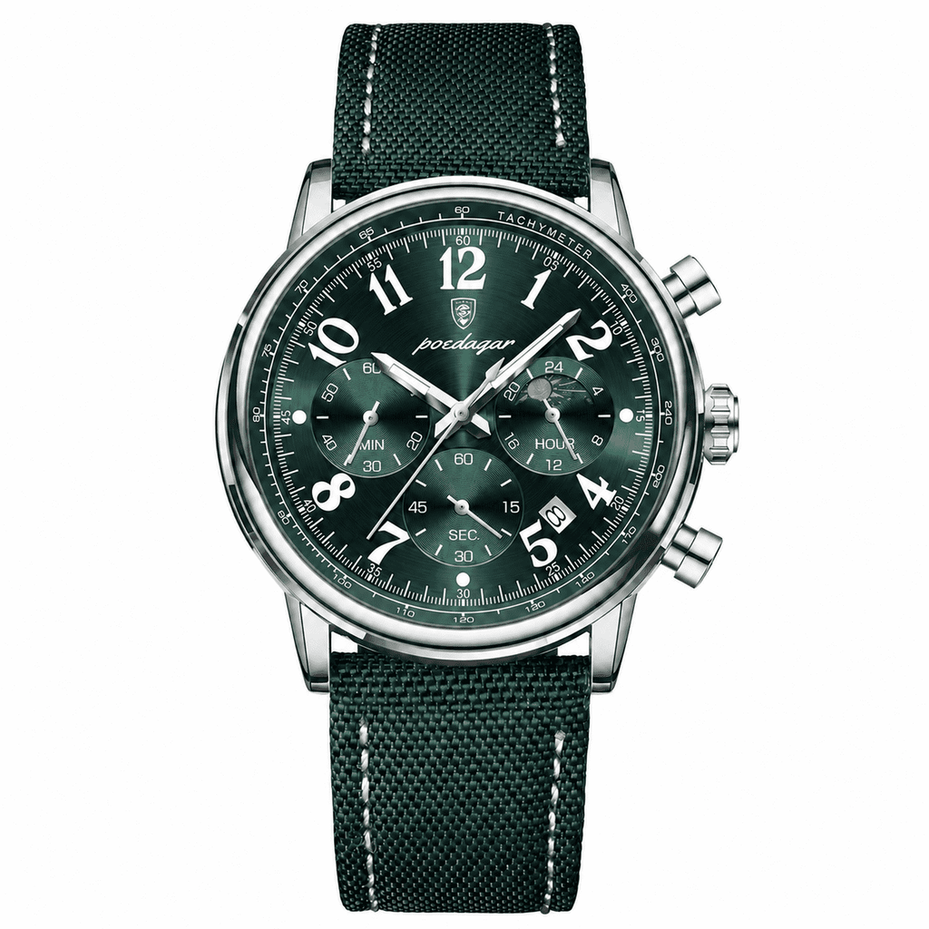 POEDAGAR 808 silver case green dial chronograph with green nylon strap