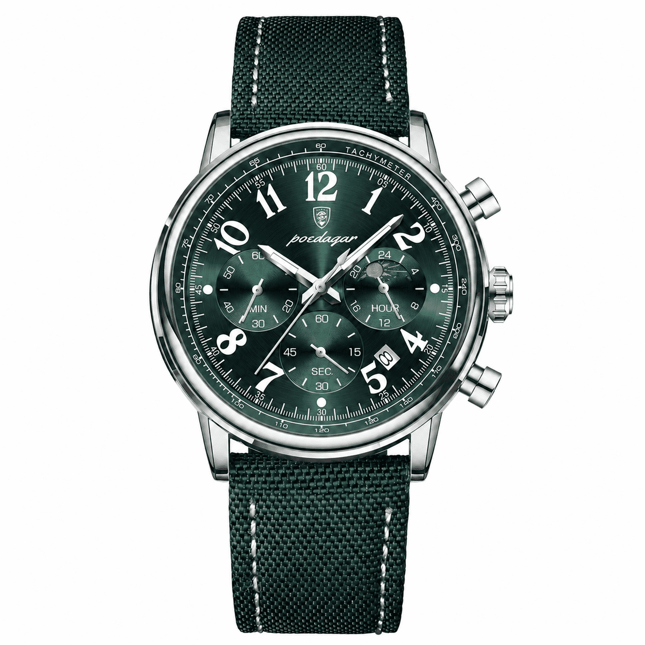 POEDAGAR 808 silver case green dial chronograph with green nylon strap