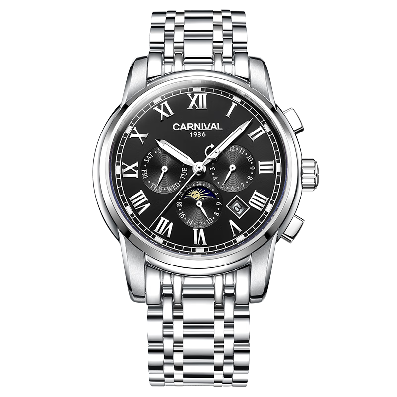 I&W Carnival CG.8723G moonphase, black dial, steel bracelet