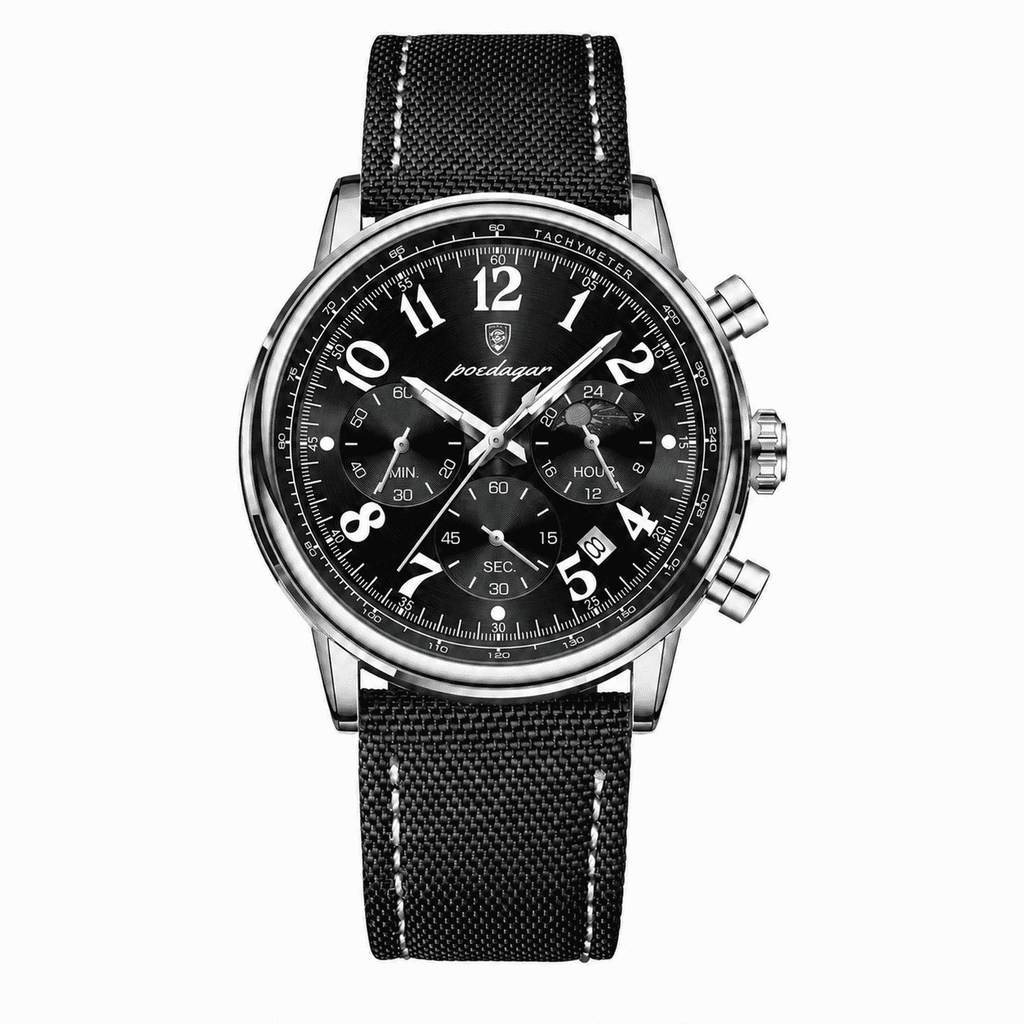 POEDAGAR 808 silver case black dial chronograph with black nylon strap