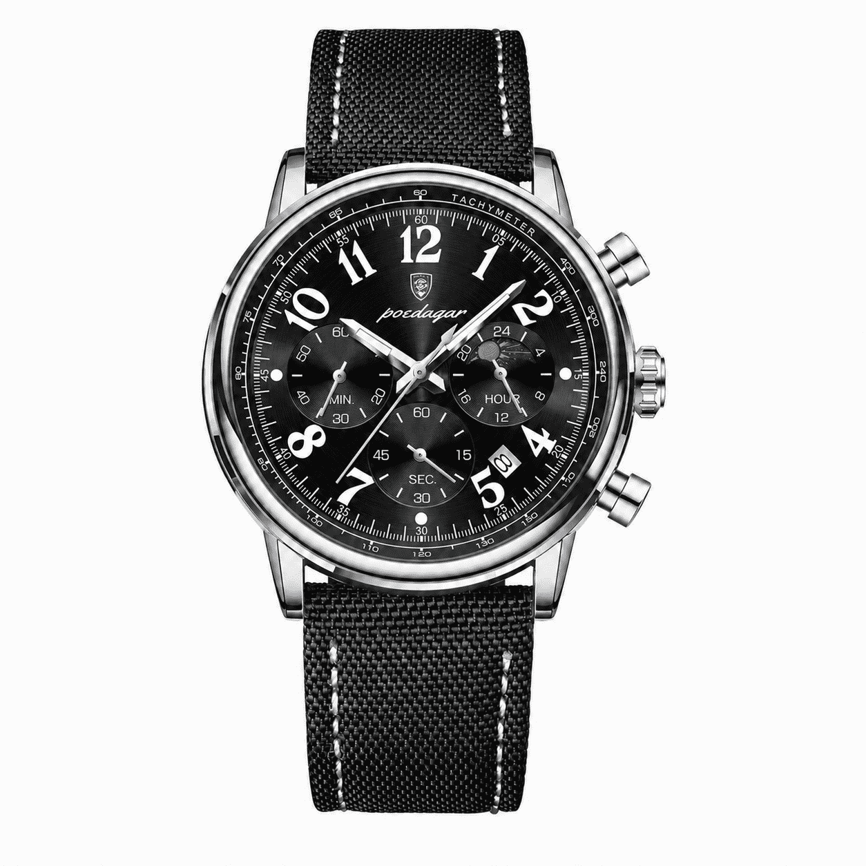 POEDAGAR 808 silver case black dial chronograph with black nylon strap