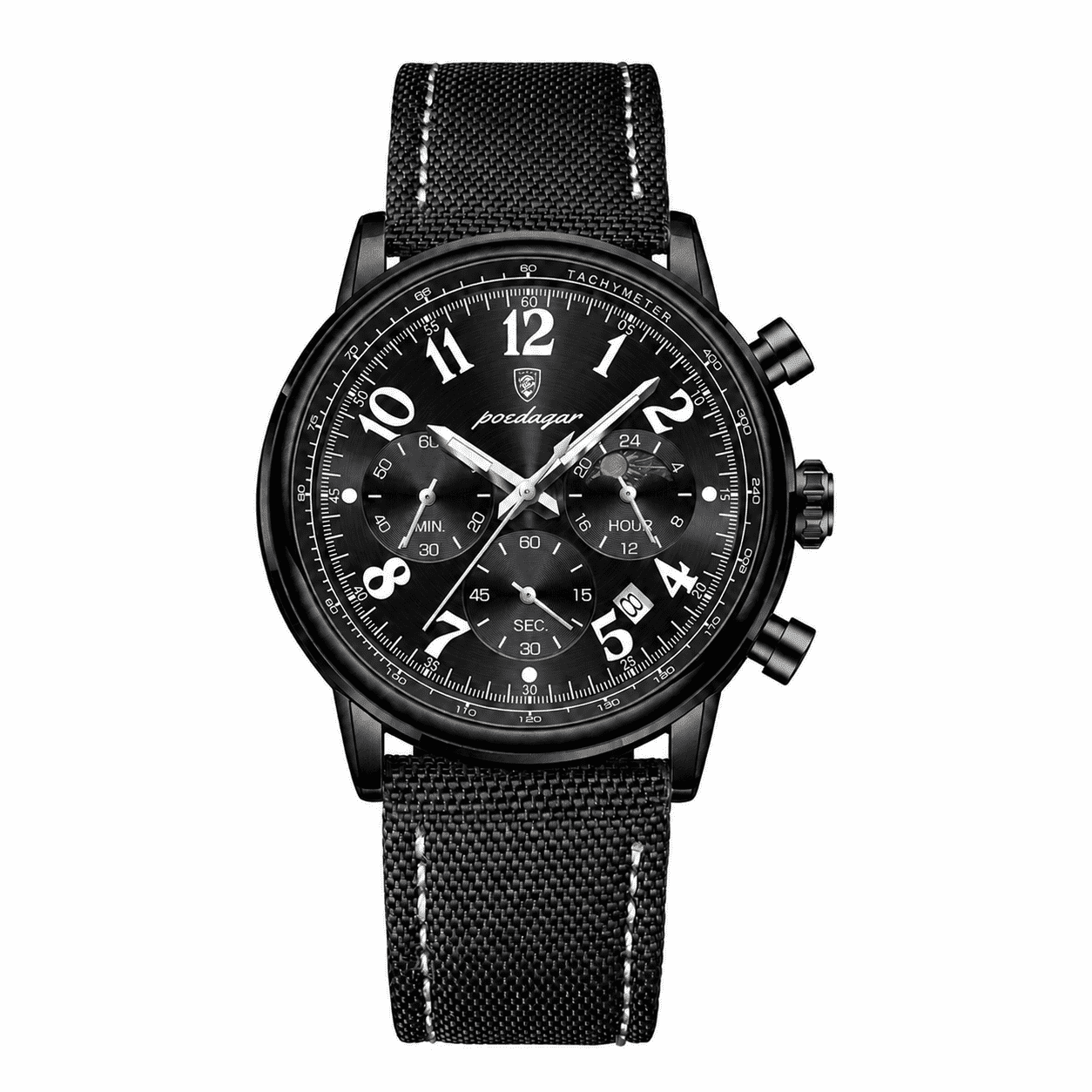 POEDAGAR 808 black case black dial chronograph with black nylon strap