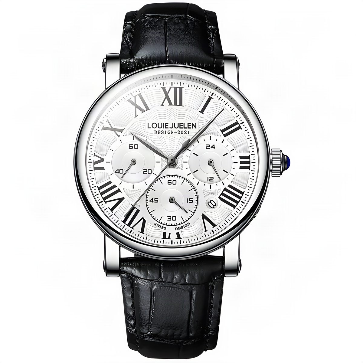 LOUIE JUELEN Roman Silver Case / White Dial / Black Band, upscaled product photo