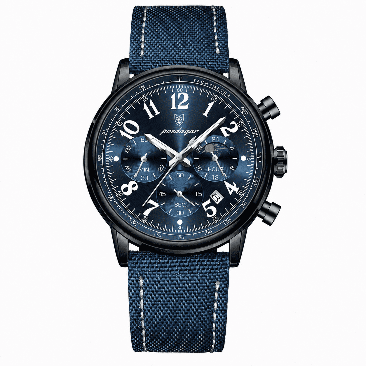 POEDAGAR 808 black case blue dial chronograph with blue nylon strap
