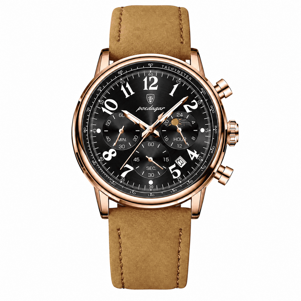 POEDAGAR 808 rose gold case black dial chronograph with tan leather strap