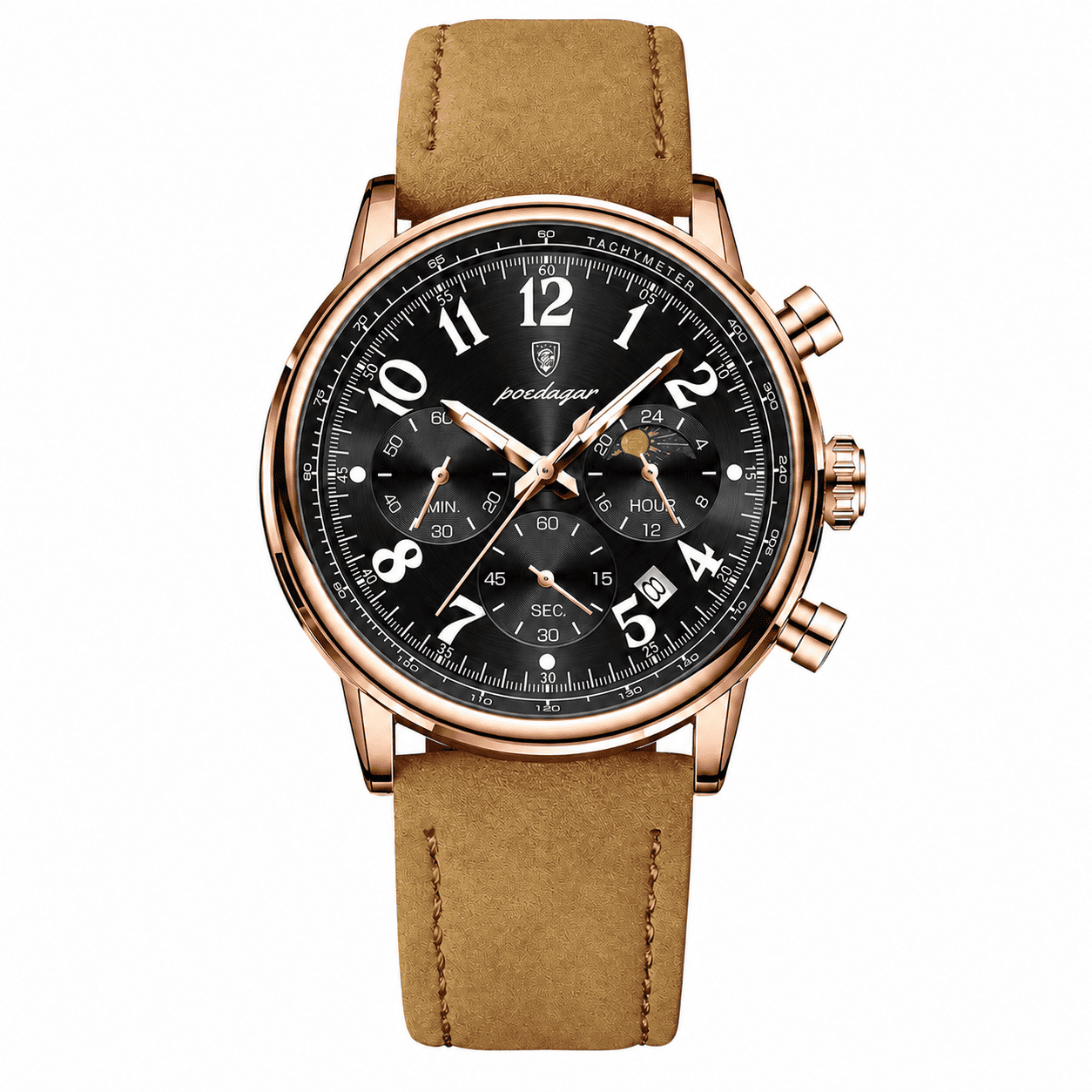 POEDAGAR 808 rose gold case black dial chronograph with tan leather strap