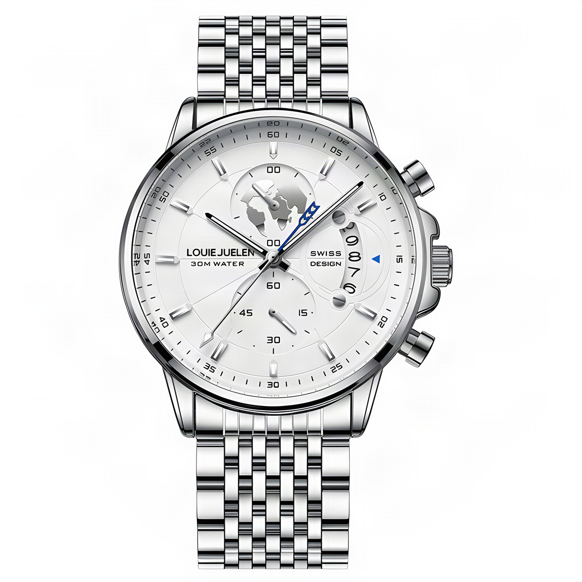 LOUIE JUELEN Sport Silver Case - White Dial - Stainless Steel, upscaled product photo