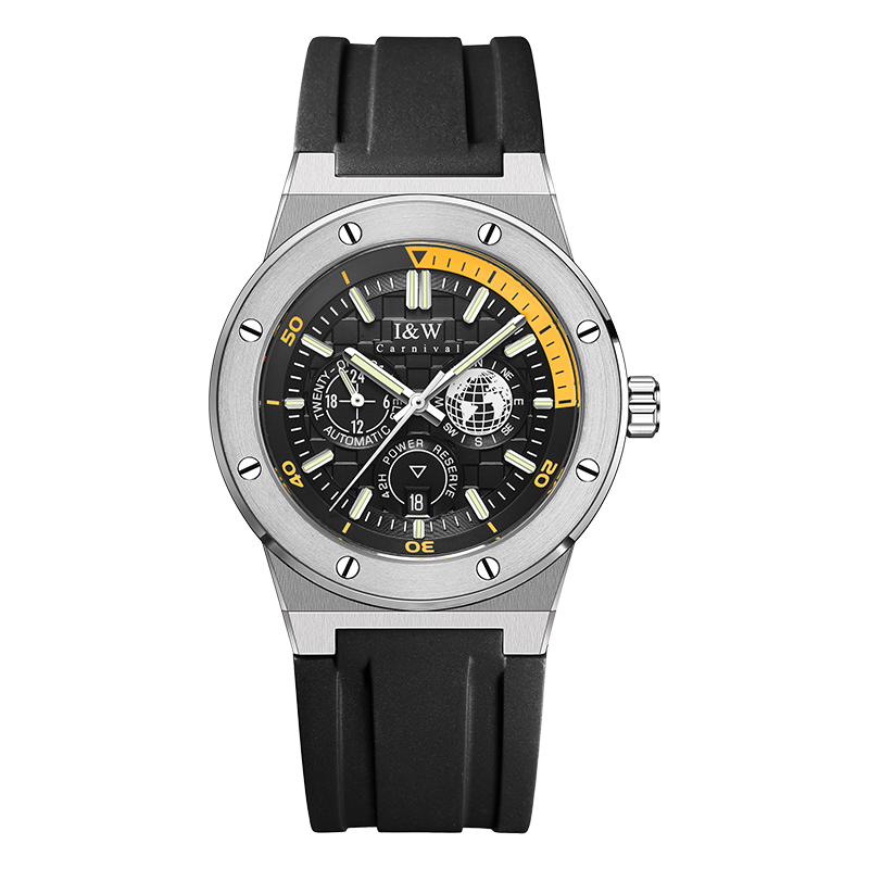 I&W Carnival IW.783G power reserve, black dial, black silicone strap