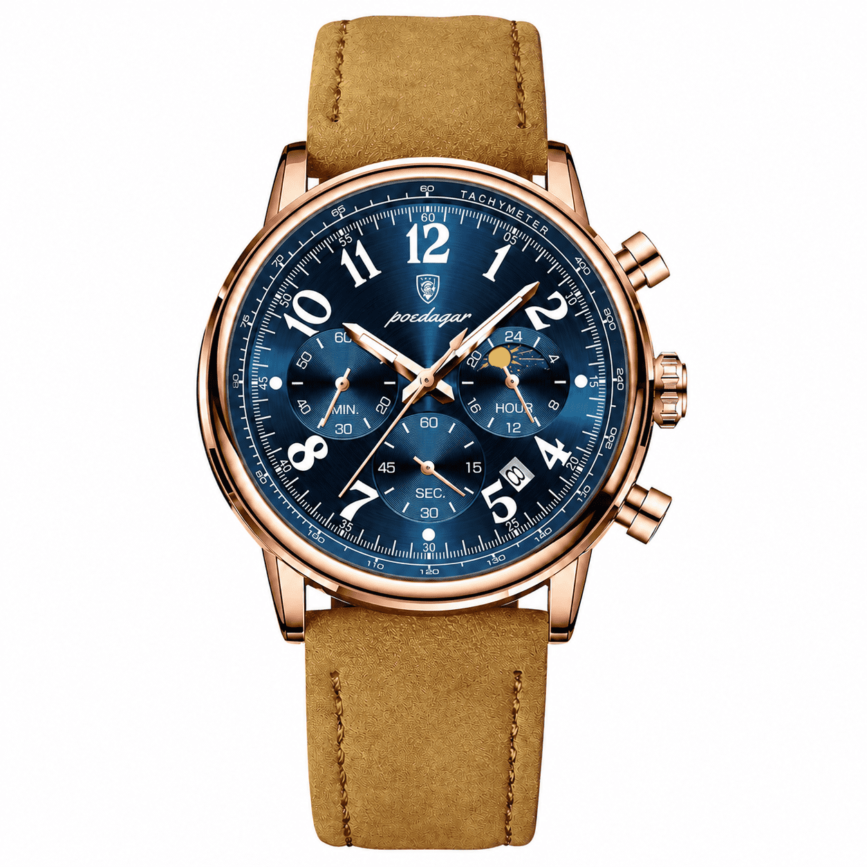 POEDAGAR 808 rose gold case blue dial chronograph with tan leather strap