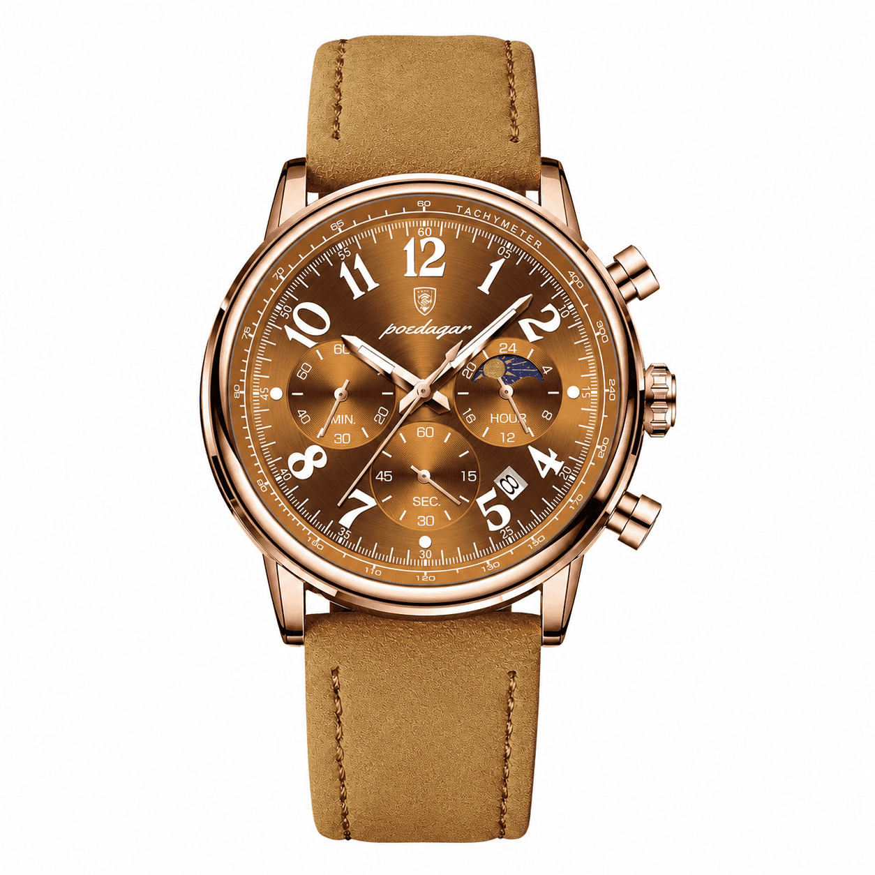POEDAGAR 808 rose gold case brown dial chronograph with tan leather strap