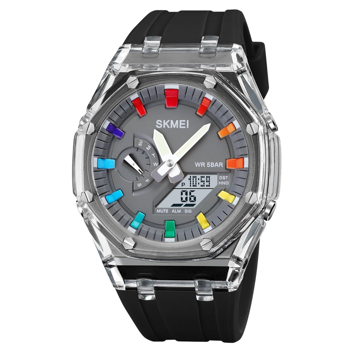 SKMEI 2100 ana-digi watch, black strap grey dial, front