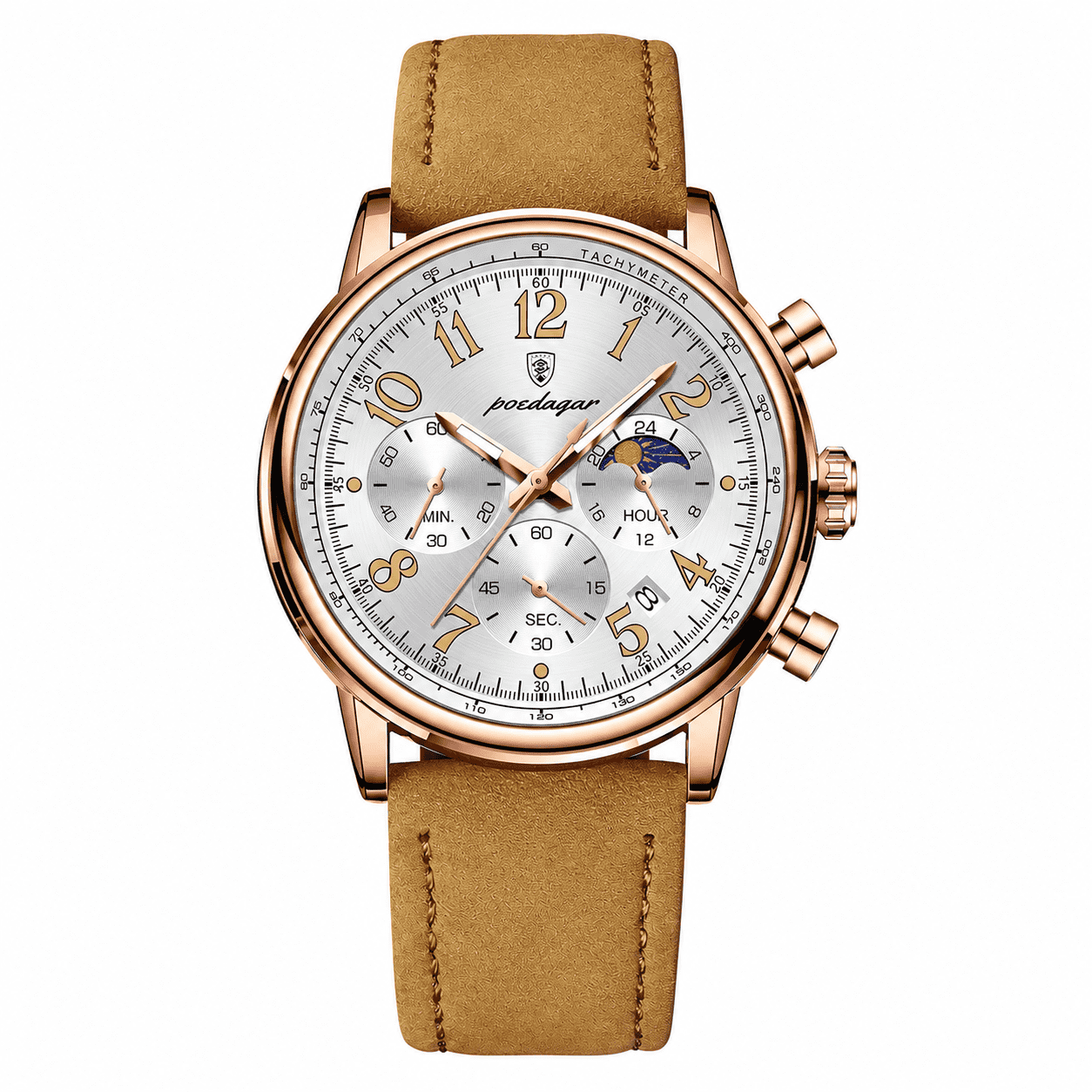 POEDAGAR 808 rose gold case white dial chronograph with tan leather strap