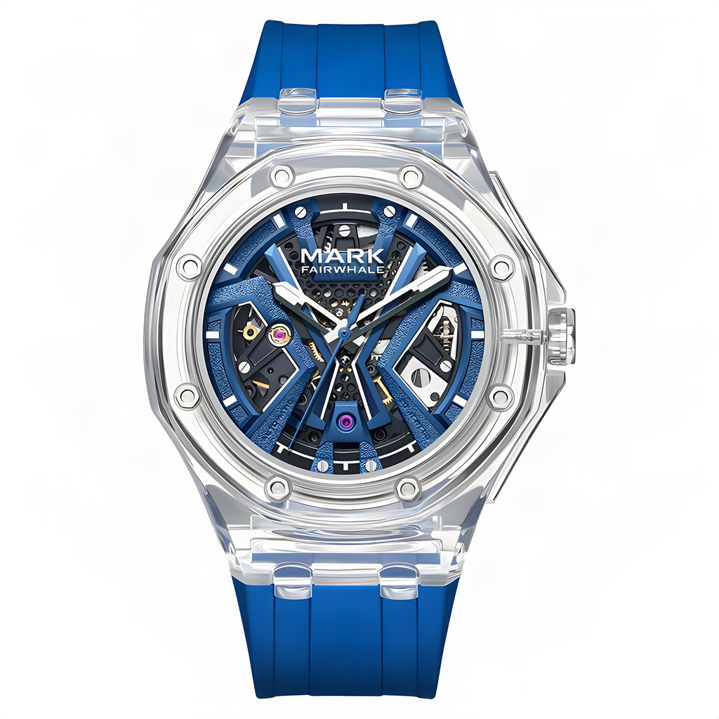 Mark Fairwhale Transparent Clear Case / Blue Rubber watch strap/band, upscaled product photo
