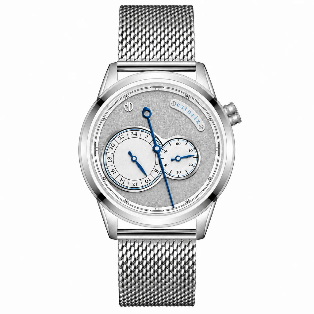 MD Watches Supernatural Caturix mesh bracelet, authentic dial branding, white background