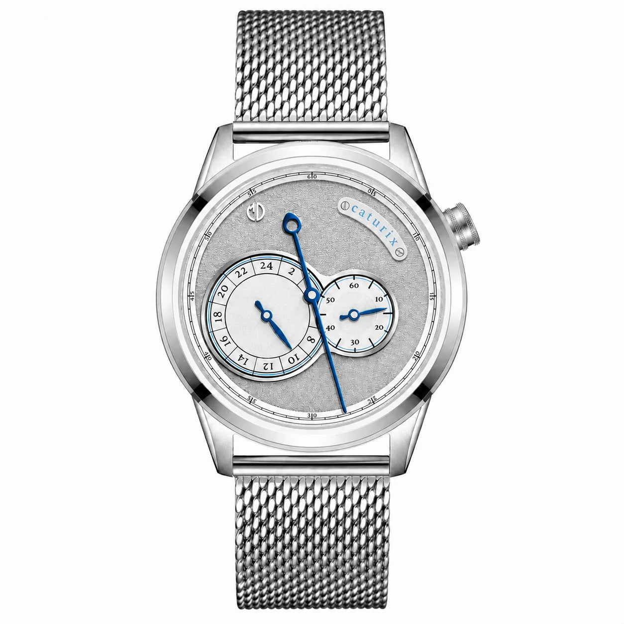 MD Watches Supernatural Caturix mesh bracelet, authentic dial branding, white background