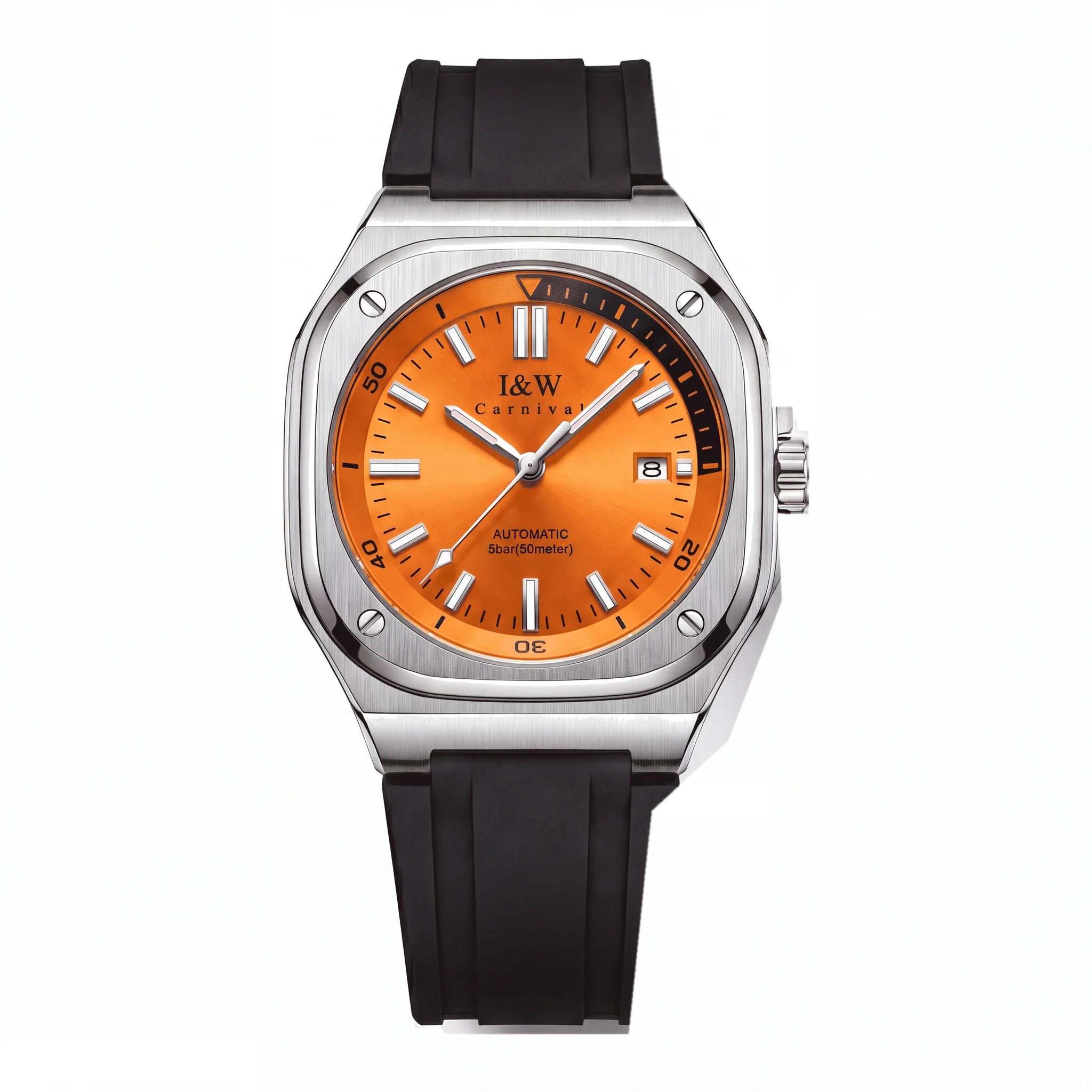 Carnival Square Automatic orange watch on pure white background
