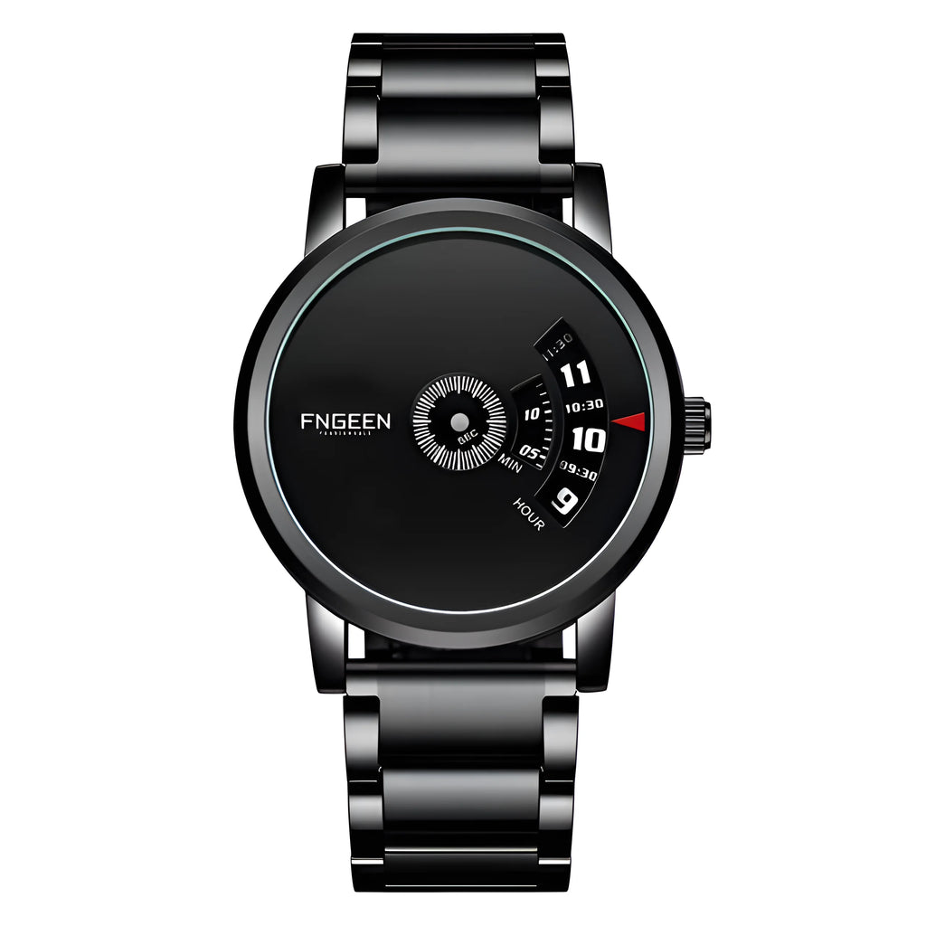 FNGEEN S230 turntable watch, black case black dial on black steel bracelet — AWC-S230-01