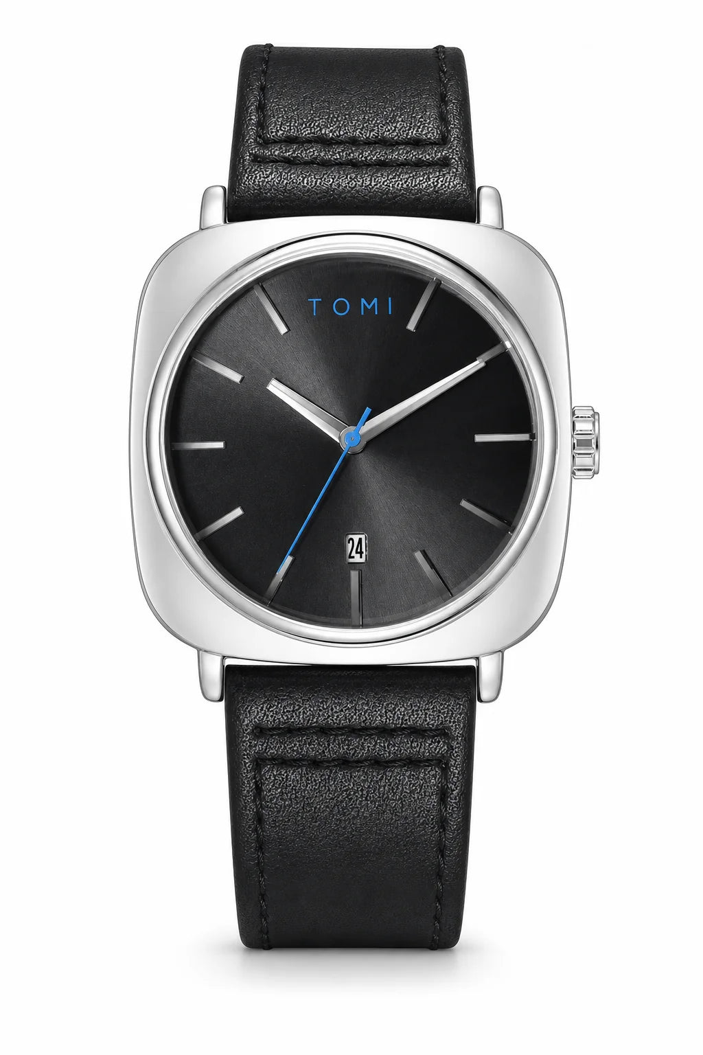 TOMI T084 silver case black dial quartz watch with black leather strap