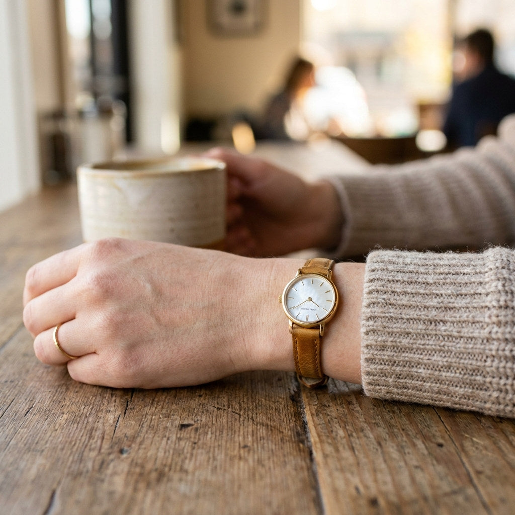 14mm tan leather strap on a women's dress watch