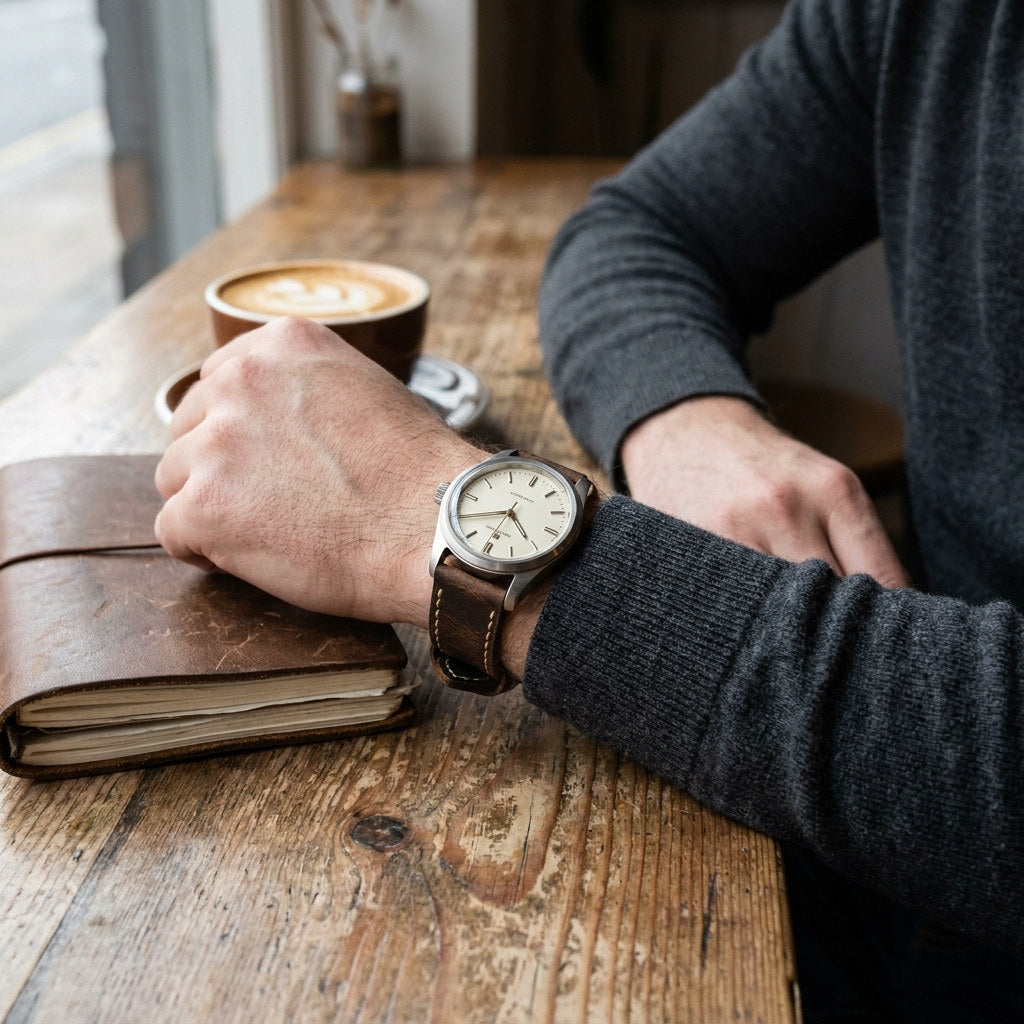 Dark brown leather strap on a classic dress watch