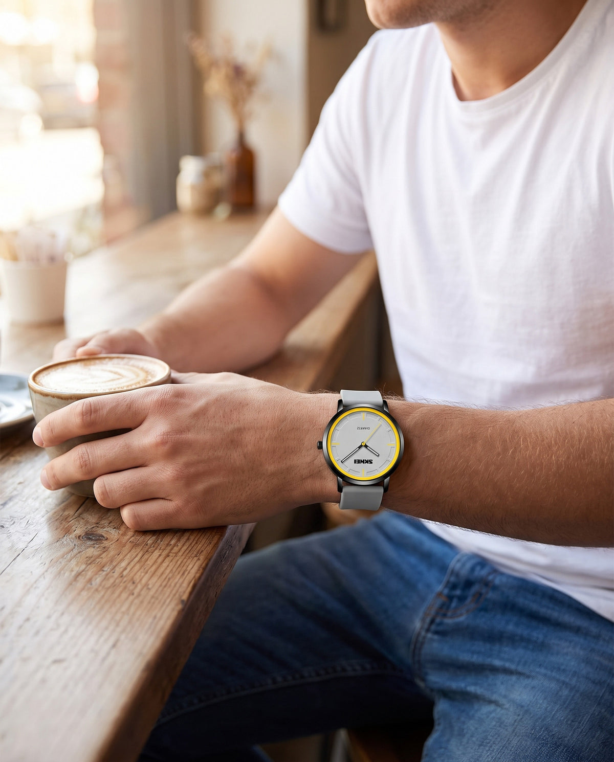 AWC Minimalist Slim Quartz , white, on wrist café