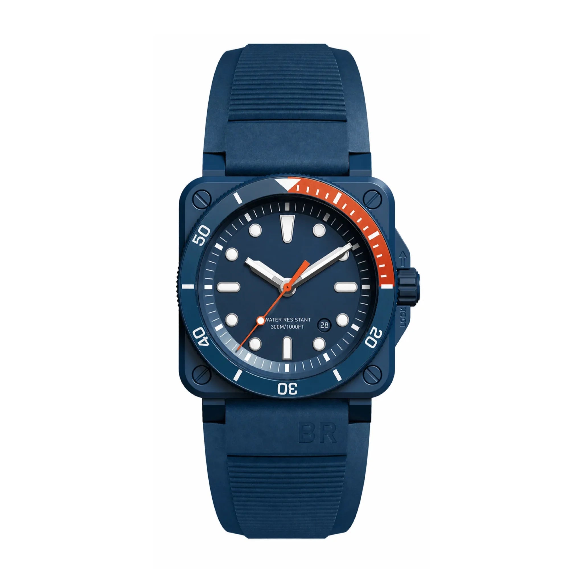 Bell & Ross BR 03-92 Diver Tara blue ceramic watch centered on pure white background