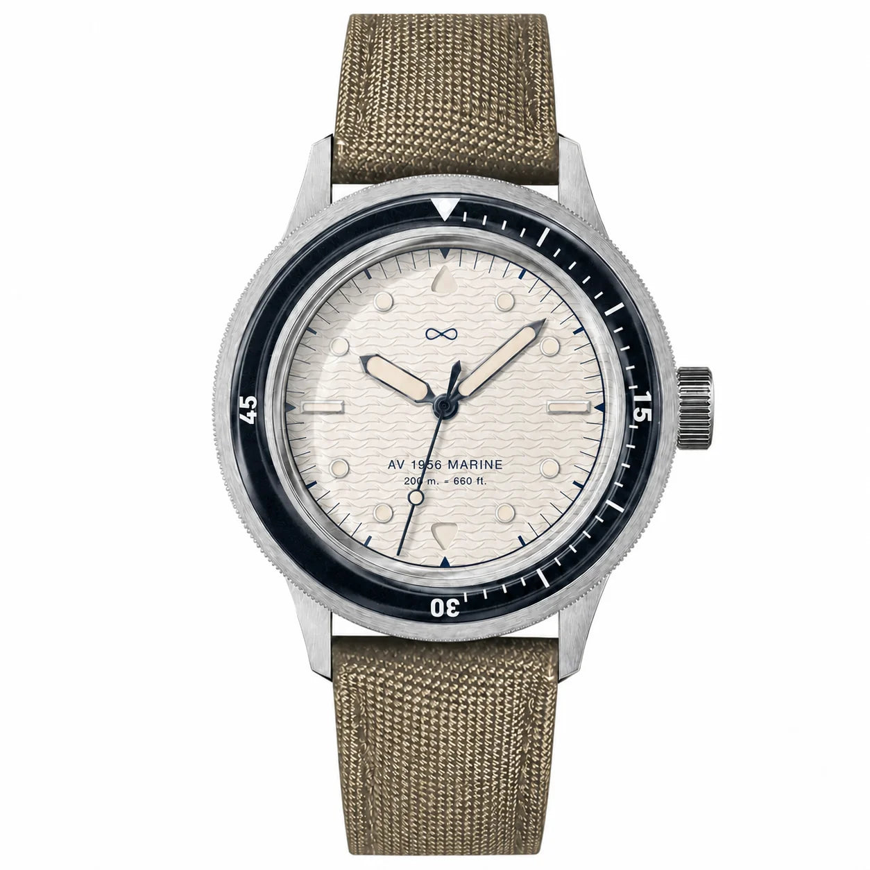 AV86 1956 Marine Navy and Off White, authentic dial logo, white background