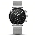 OLIKA black dial quartz chronograph with silver mesh bracelet on white background