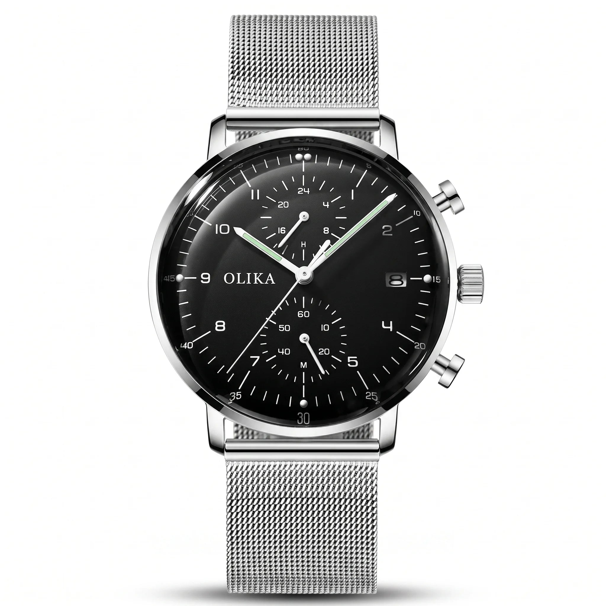 OLIKA black dial quartz chronograph with silver mesh bracelet on white background
