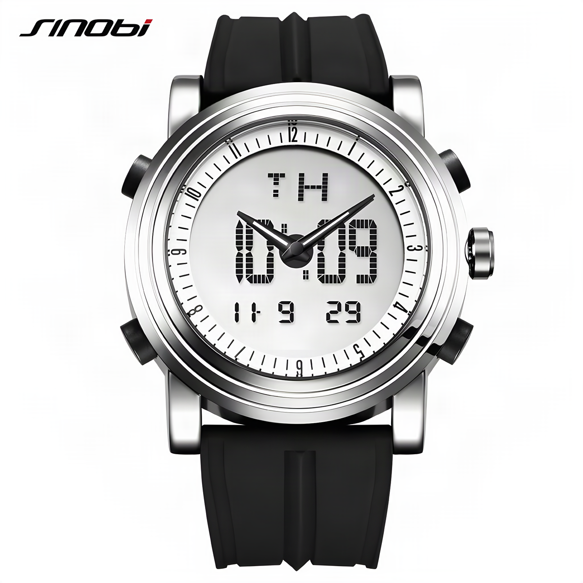 SINOBI S9368G analog-digital quartz sports watch, 47mm dual display, in black, front view