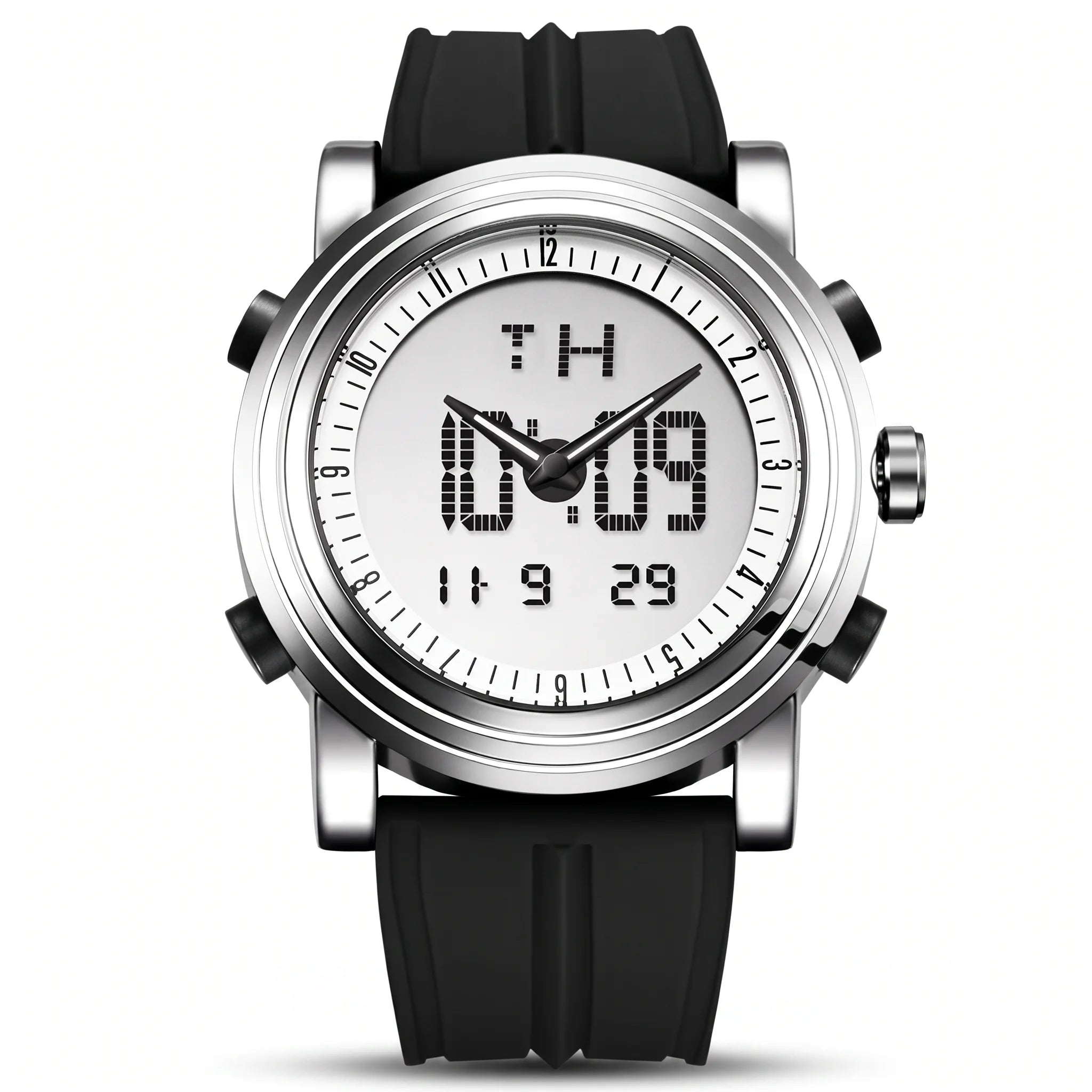 SINOBI 47mm analog-digital sports watch, silver case, black strap, studio hero