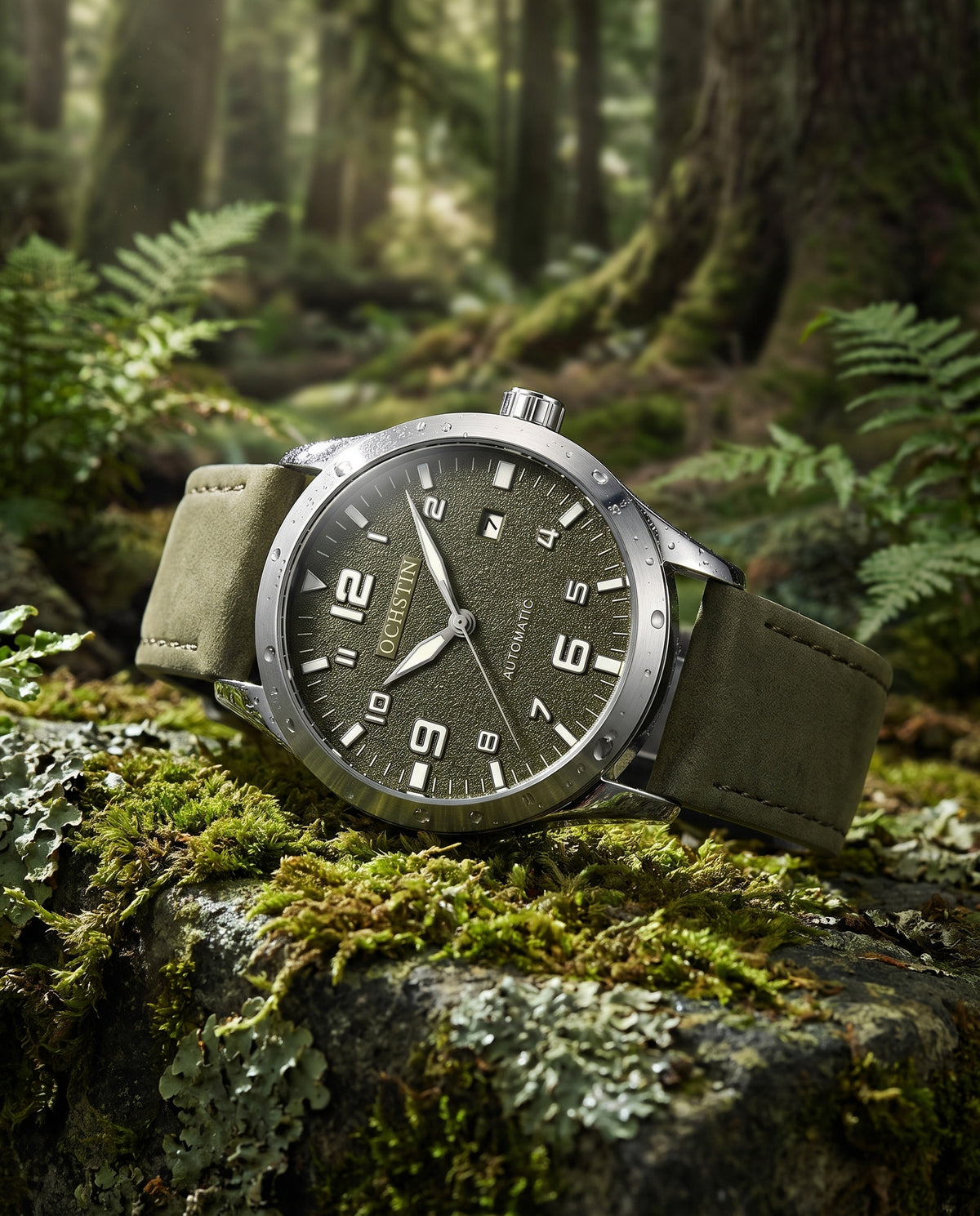 OCHSTIN green automatic watch on mossy forest stone