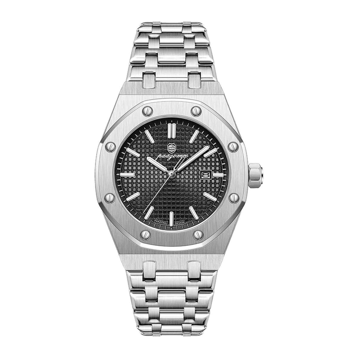 PAAZOMU luminous date quartz watch in silver with black dial and integrated bracelet