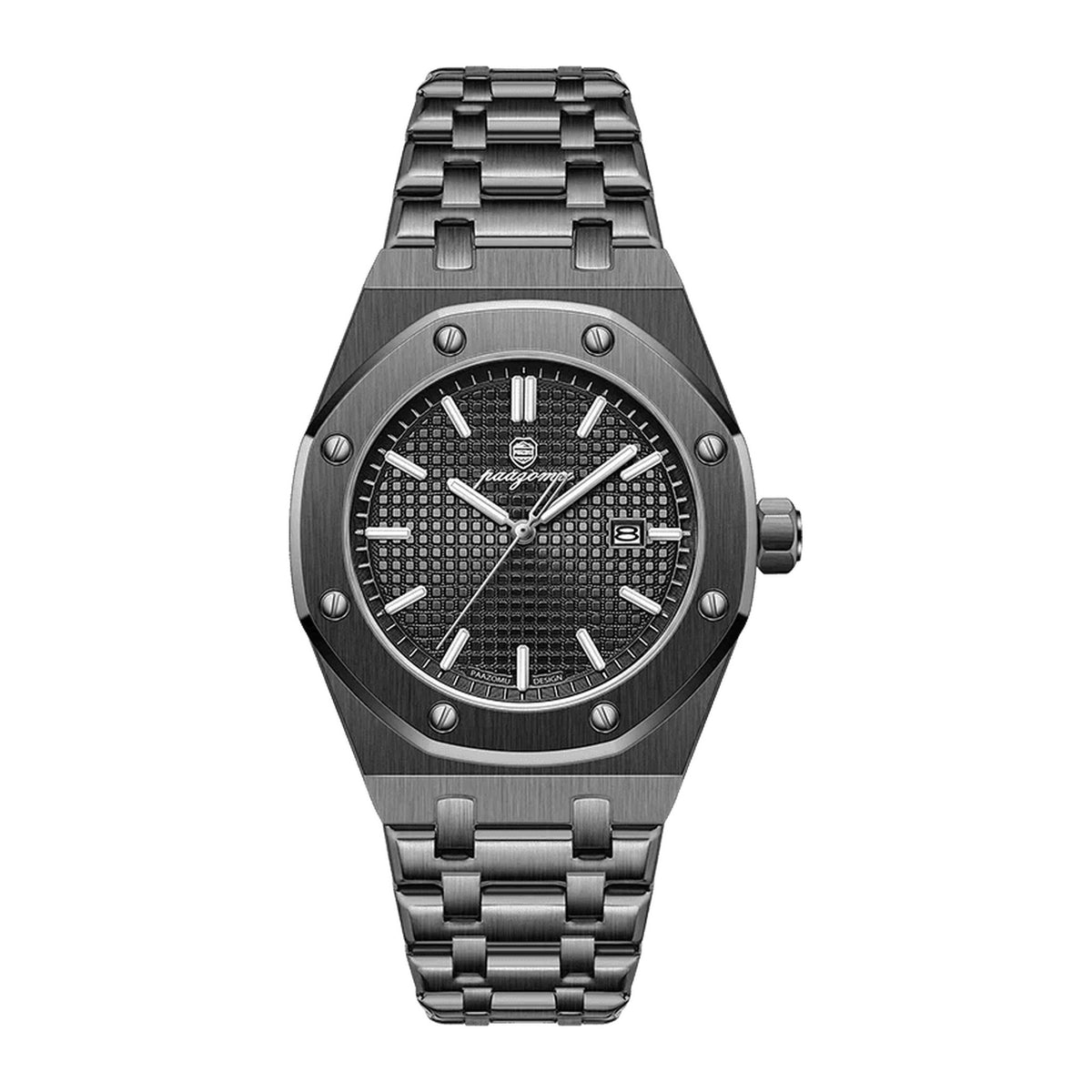 PAAZOMU luminous date quartz watch in black with black dial and integrated bracelet