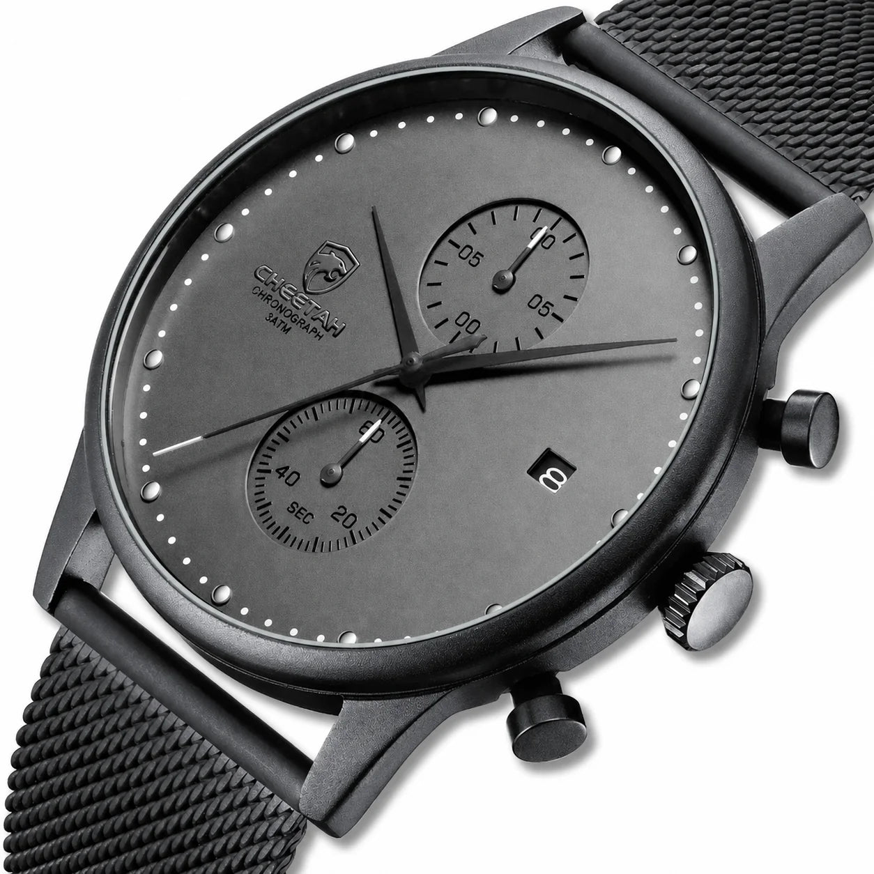 CHEETAH Black/Grey quartz chronograph with steel mesh bracelet on white background