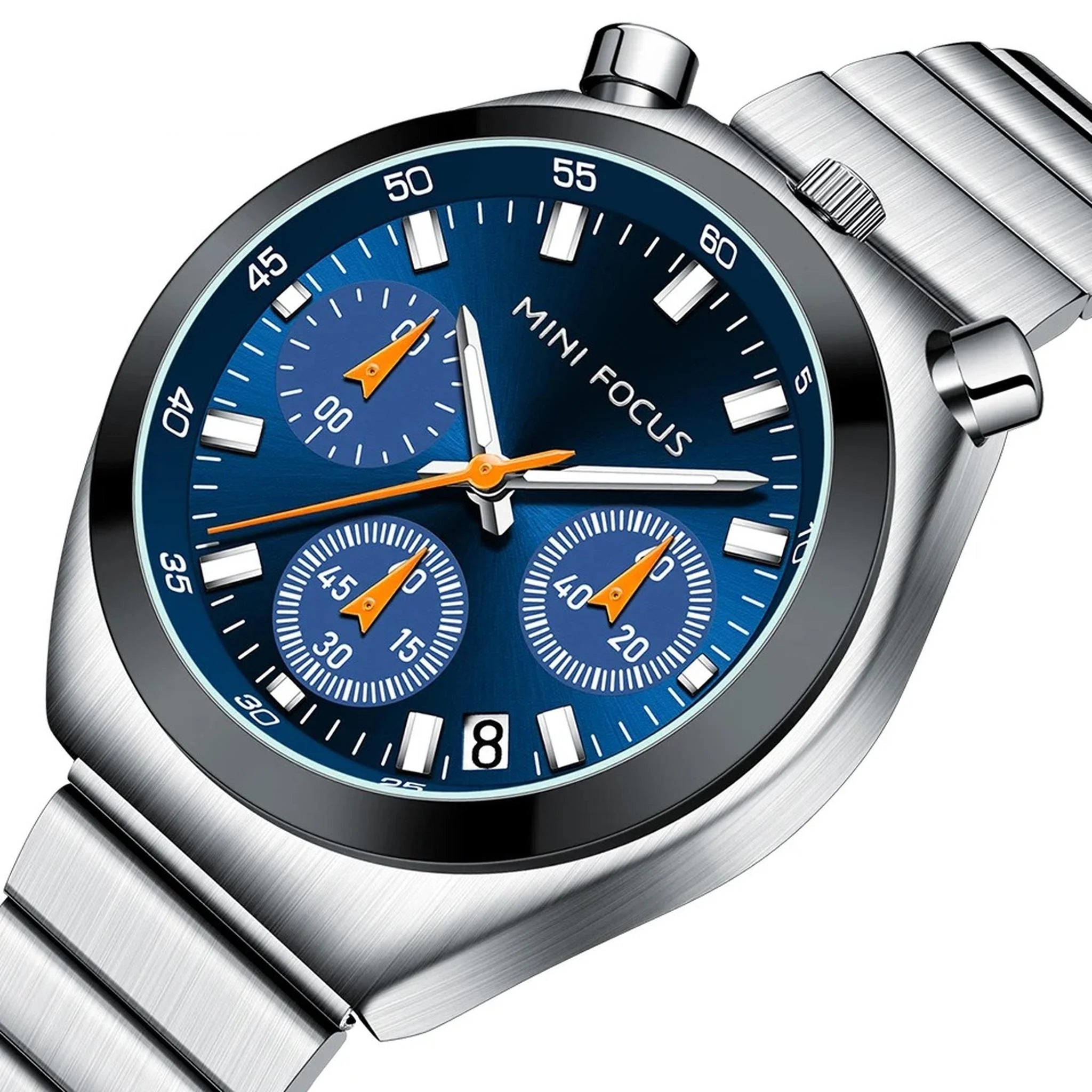 MINI FOCUS blue-dial quartz chronograph with silver bracelet on white background