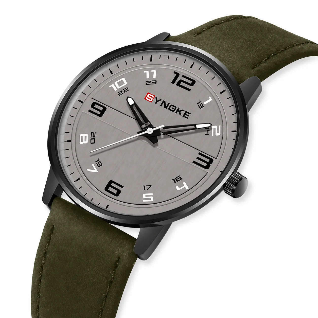 SYNOKE retro leather quartz watch on a pure white background