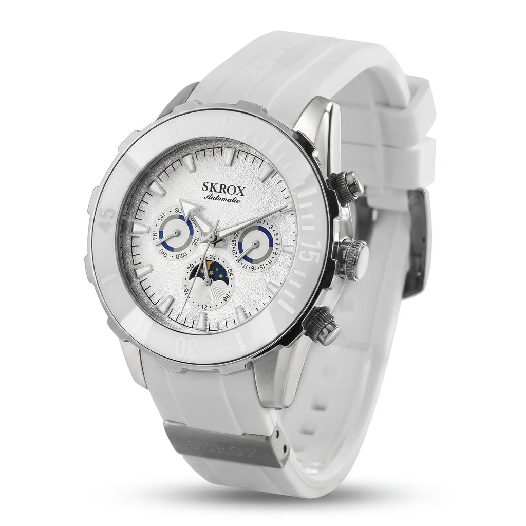 SKROX Automatic Moon Phase watch Silver/White studio hero