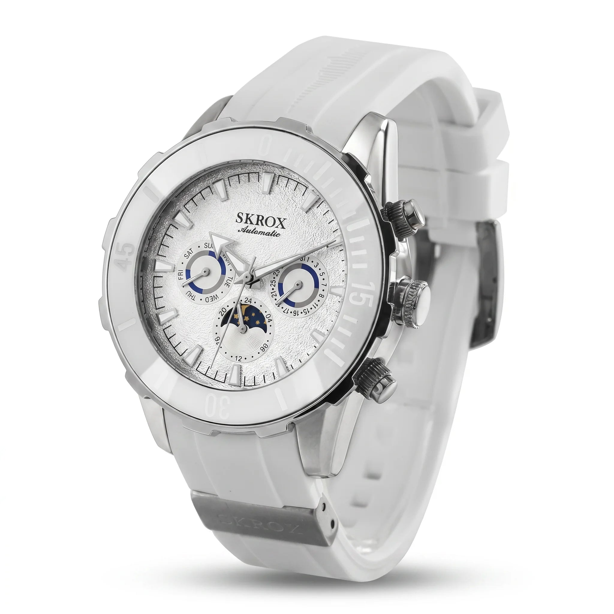 SKROX Automatic Moon Phase watch Silver/White studio hero