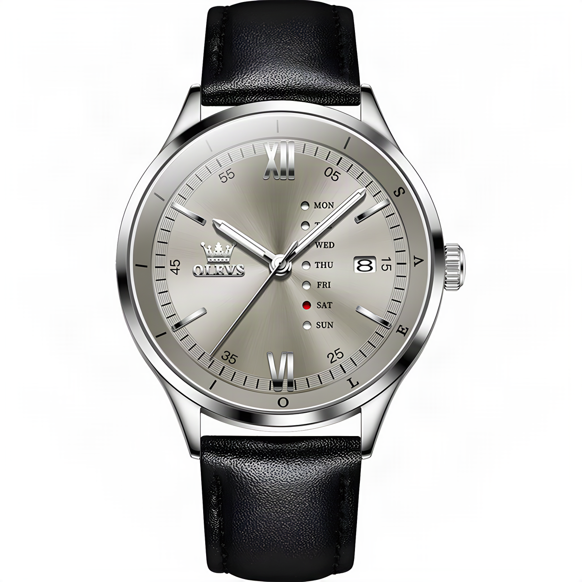 AWC OLEVS Gray day-date quartz watch with black leather band