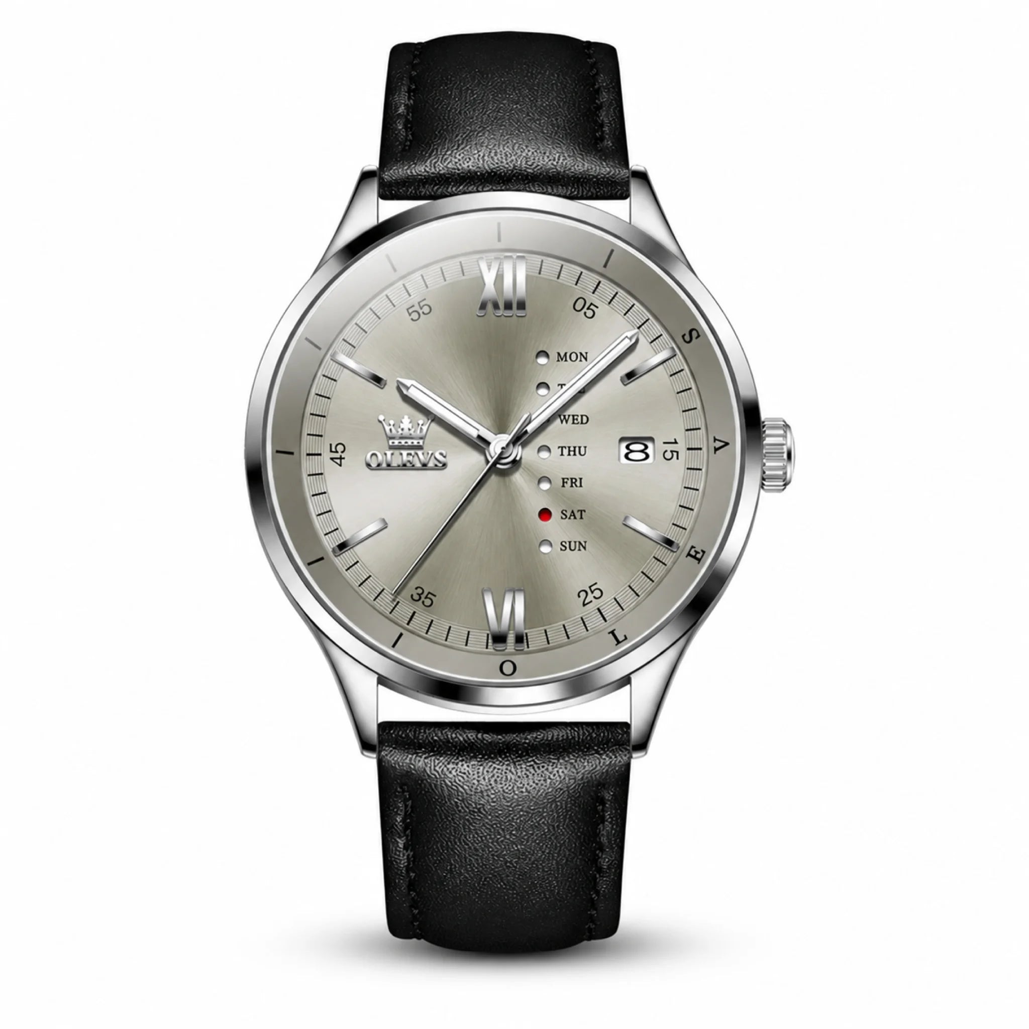 AWC OLEVS Gray day-date quartz watch with black leather band