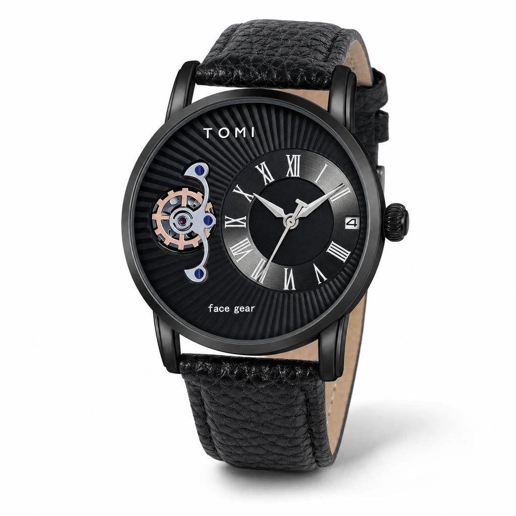 TOMI T104 quartz watch, black case with Roman numeral dial, decorative face gear and black leather strap, studio hero on white