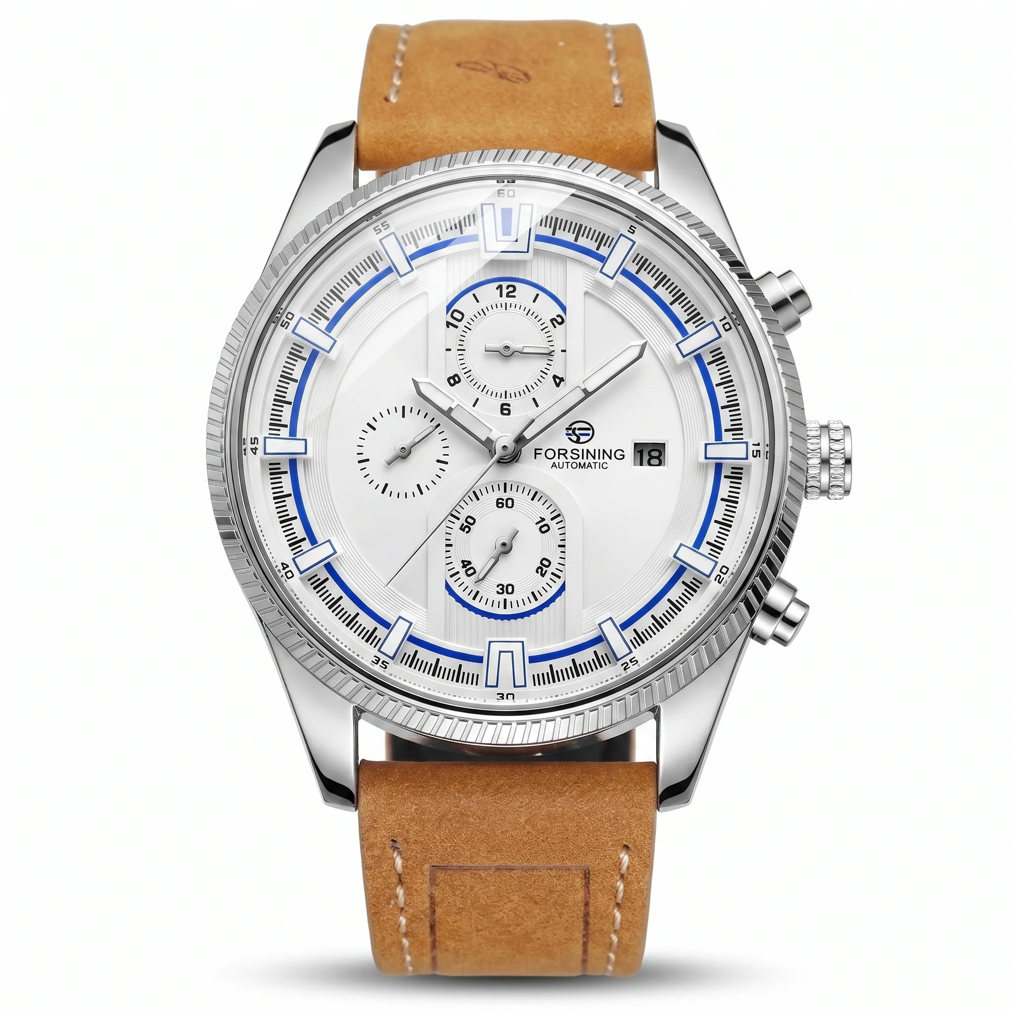 FORSINING automatic watch with white multi-function dial, blue accents and brown leather strap