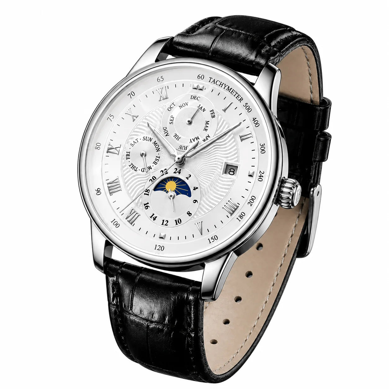 TEVISE 867A silver-white automatic multi-display watch with black leather strap on pure white background
