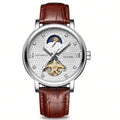TEVISE silver-white automatic open-heart dress watch with brown leather strap on white background