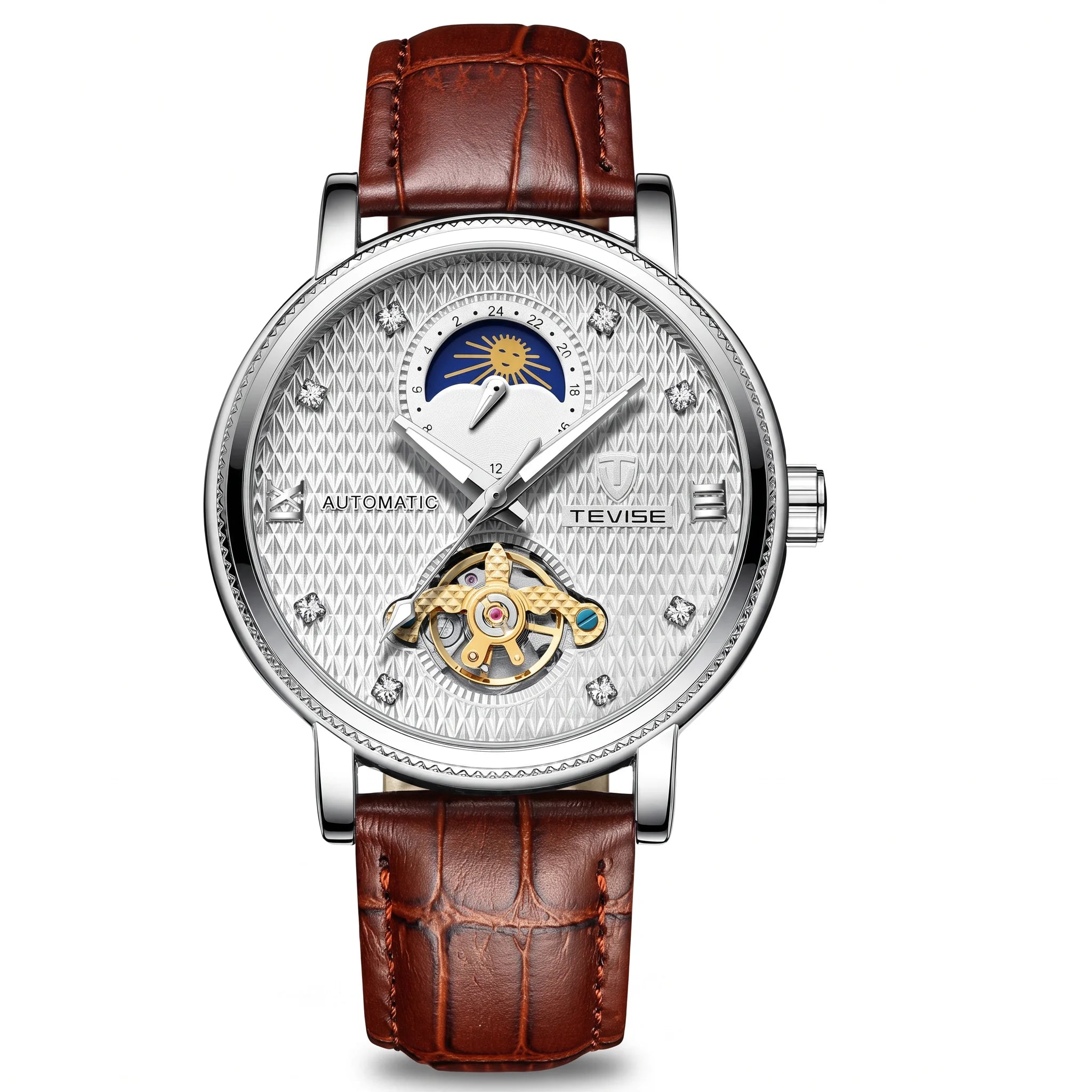 TEVISE silver-white automatic open-heart dress watch with brown leather strap on white background