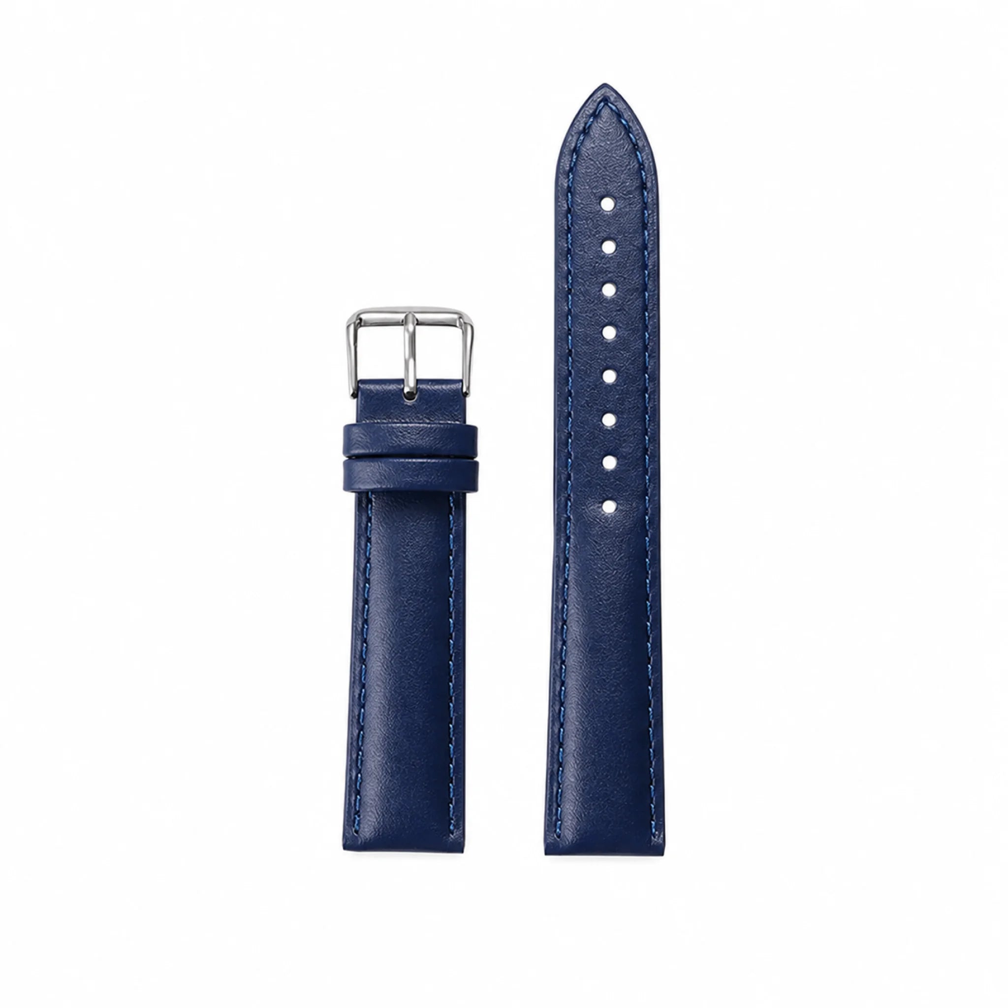 Blue leather watch strap with silver pin buckle